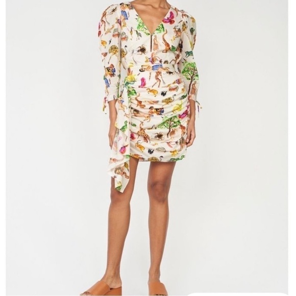 Rhode Piper Safari Animal Print Cotton V-Neck Mini Dress White Medium Casual - Picture 1 of 8